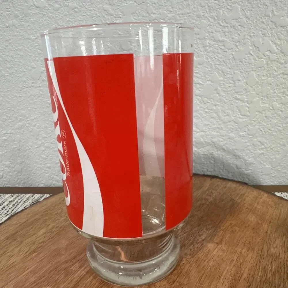 VTG COCA COLA ENJOY COKE Large Pedestal Glass Tumbler Red White Clear Drinking